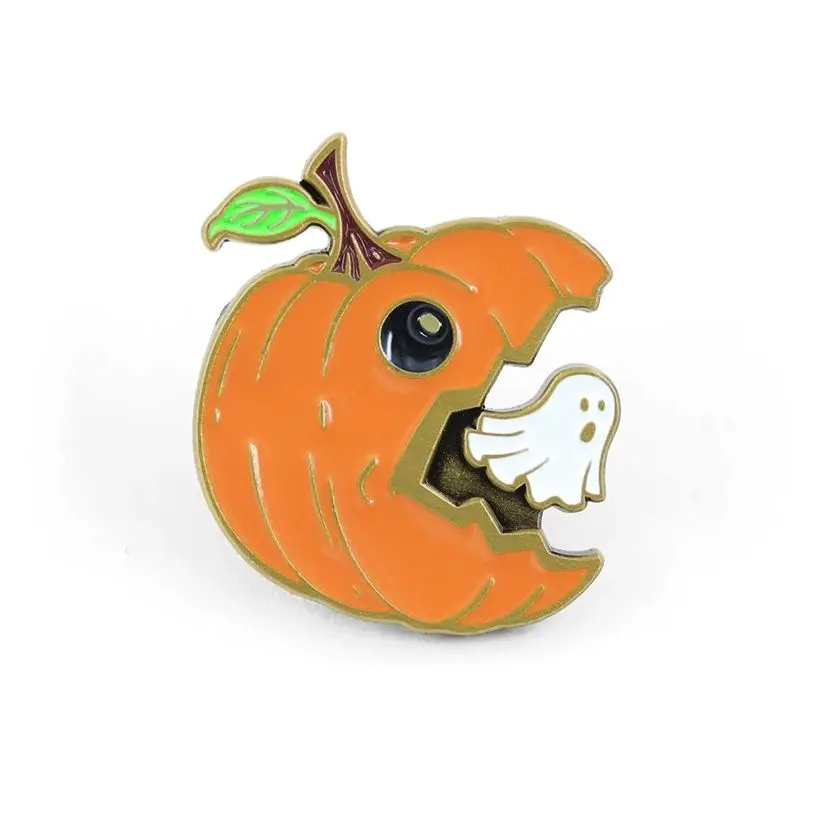 Cute Halloween Pumpkin eat Ghost Brooch Enamel Lapel Pin Funny Autumn Holiday Horror Chasing Gift for Clothes Bag Decoration