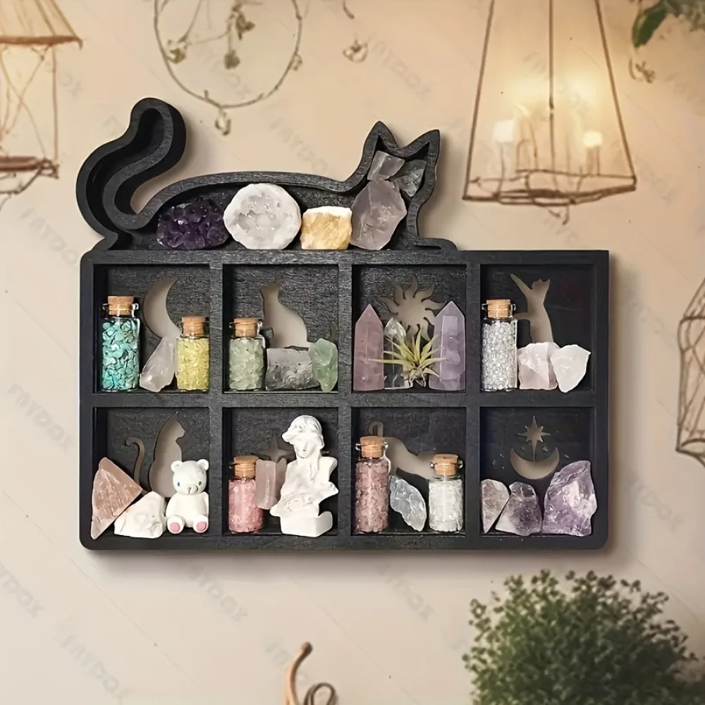 Crystal Shelf Moon Cat Handmade Display Shelf Wooden Shelf Home Desktop Decorative Ornaments Wooden Crafts Wall Cute Shelves