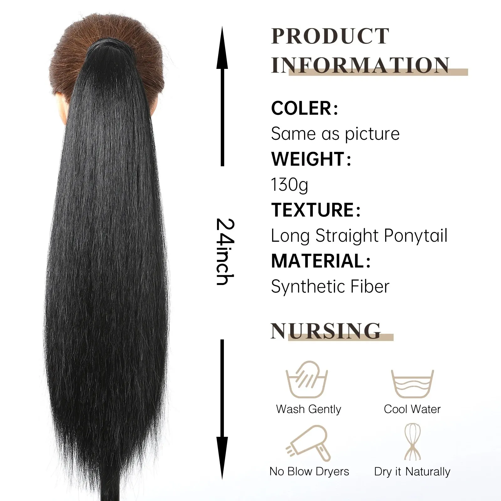 Long Straight Ponytail Synthetic Clip in Hair Extension Black Warp Around Pony Tail Hairpiece for Women Daily Use Heat Resistant