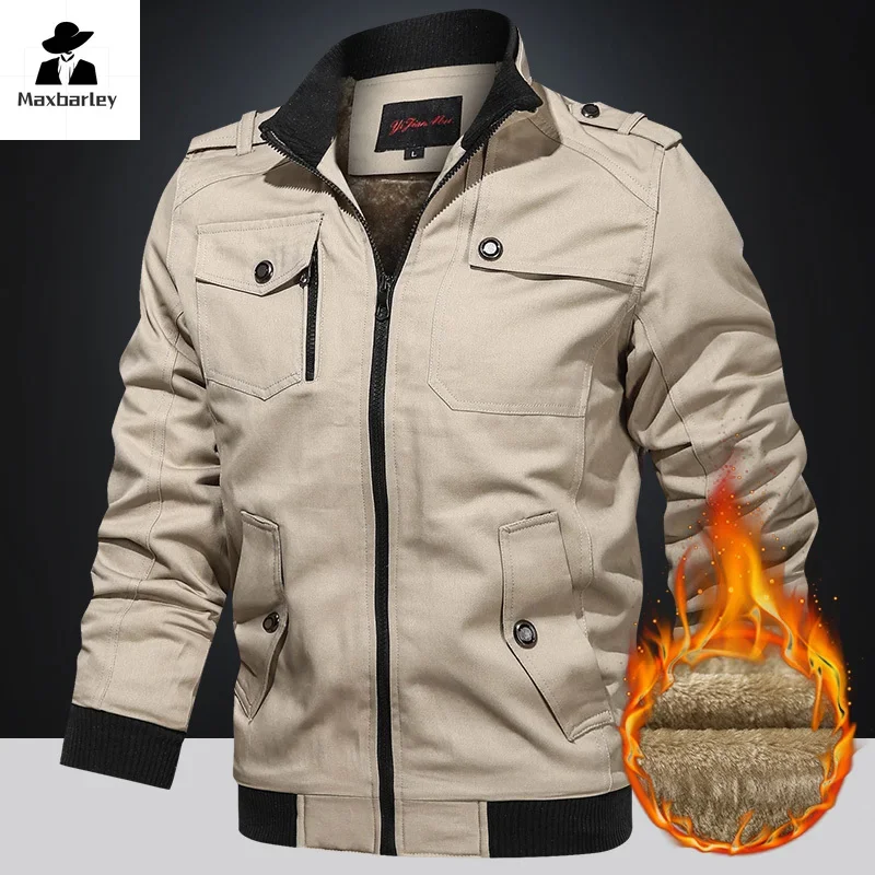 Winter Cargo Jacket Men\'s Thickened Fleece-lined Pocket Pure Cotton Parka Vintage Field Hunting Warm Windproof Boxing Coat