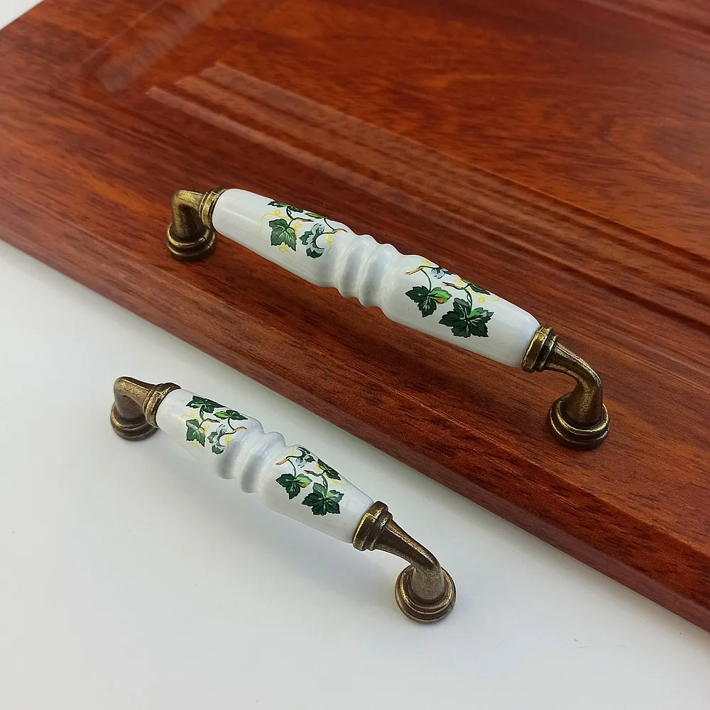 Green Leaves Ceramics Handle For Furniture Door Drawer Knob Wardrobe Kitchen Cabinets Handle Bronze Cupboard Dressing Table Pull
