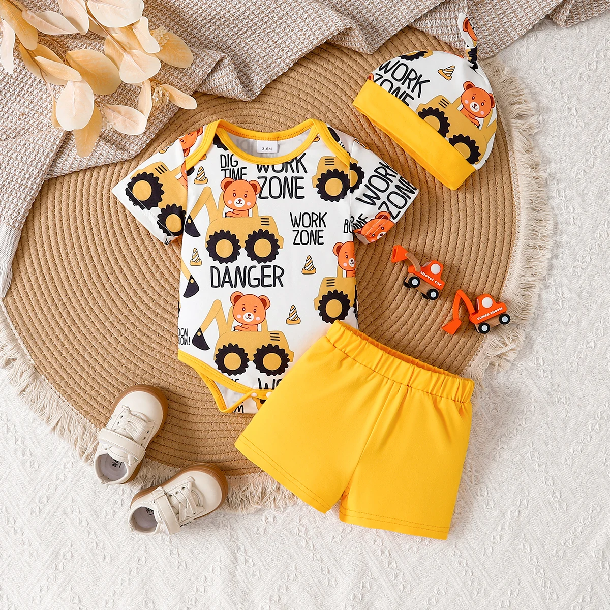 3pcs Summer Baby Boys Excavator Bear Set, Cute Cartoon Romper + Yellow Shorts + Hat, Cool Cute Style, Daily/Home/Photoshoot Wear