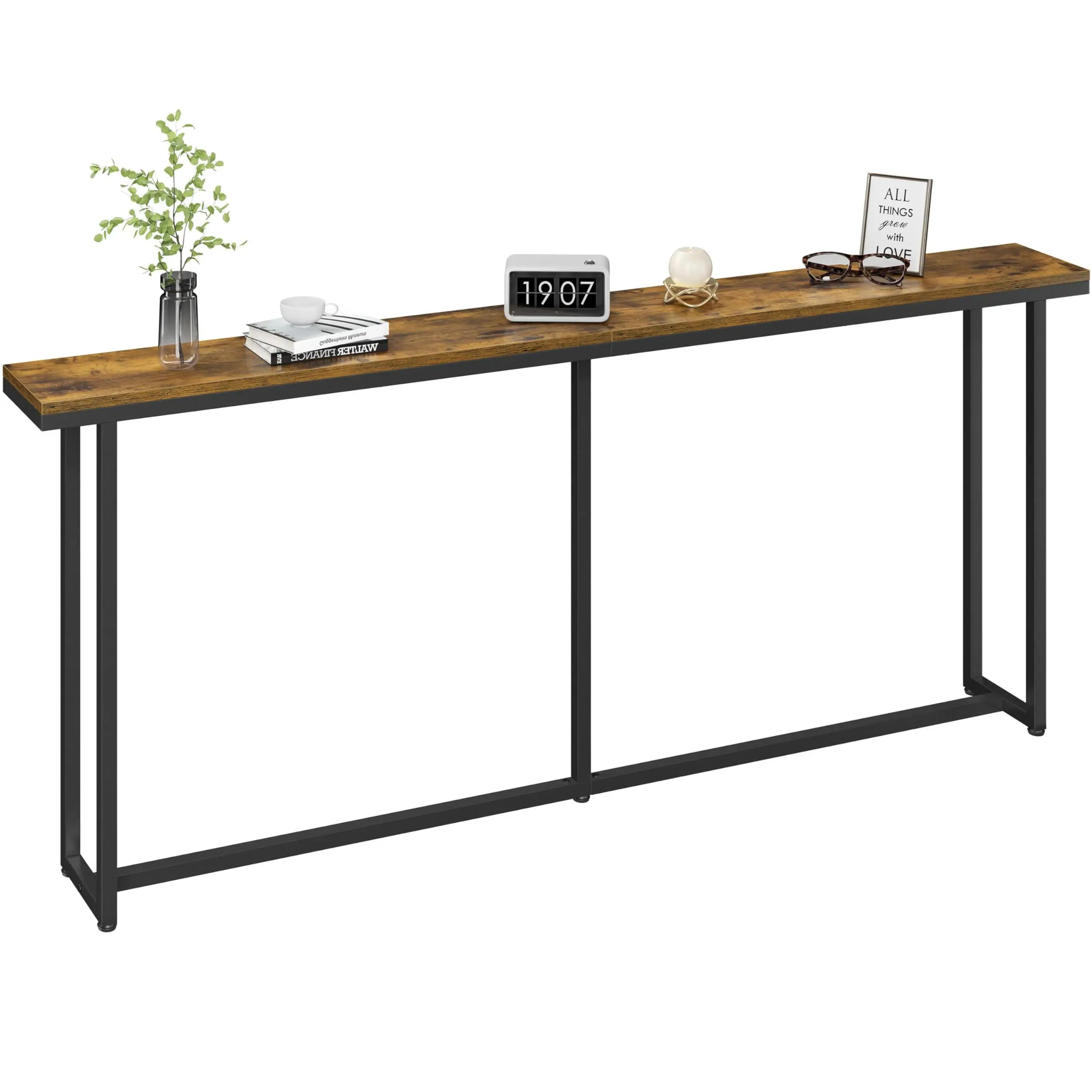 Extra Long Console Table, 71 Inch Slim Sofa Table with Heavy Duty Metal Frame, Narrow Side Table, Brown