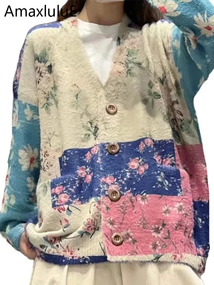 

Amax luluE Winter Females Fashion Printed Loose Cardigans Womens Luxury Floral Leisure Sweaters Classic V Neck Big Size Knitwear