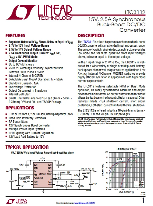 LTC3112IDHD#PBF 15V, 2.5A Synchronous Buck-Boost DC/DC  Converter Multiple Power Input Systems RF Transmitters