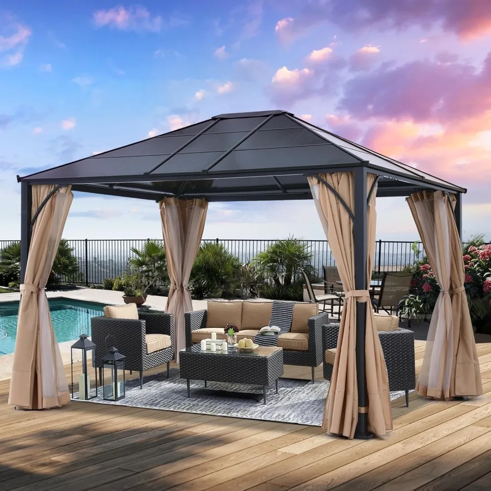 Single Roof Outdoor Hardtop Gazebo 10x12 - Patio Polycarbonate Hard Top Gazebos with Curtain and Netting (Beige)