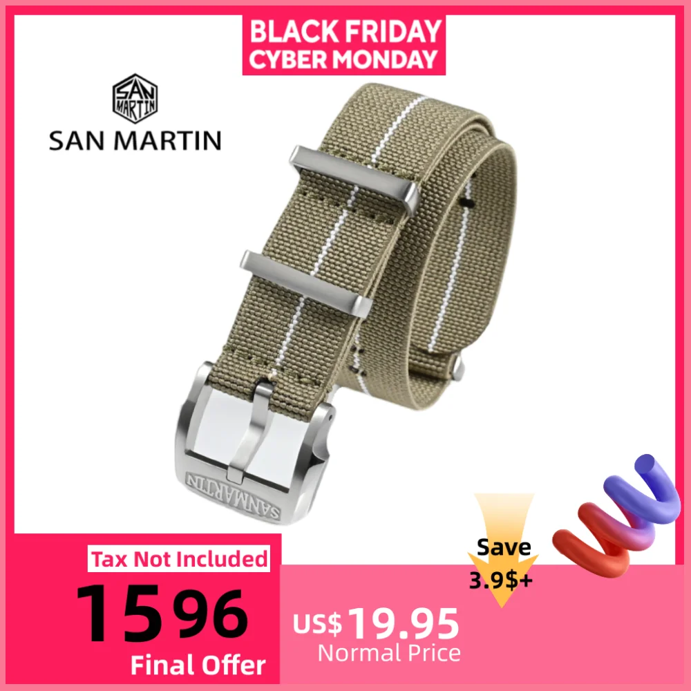 

San Martin 20mm Elastic Watch Strap Premium Nylon Watchband Self-Made Logo Buckle Solid Loops Sports High Quality Durable BD0004