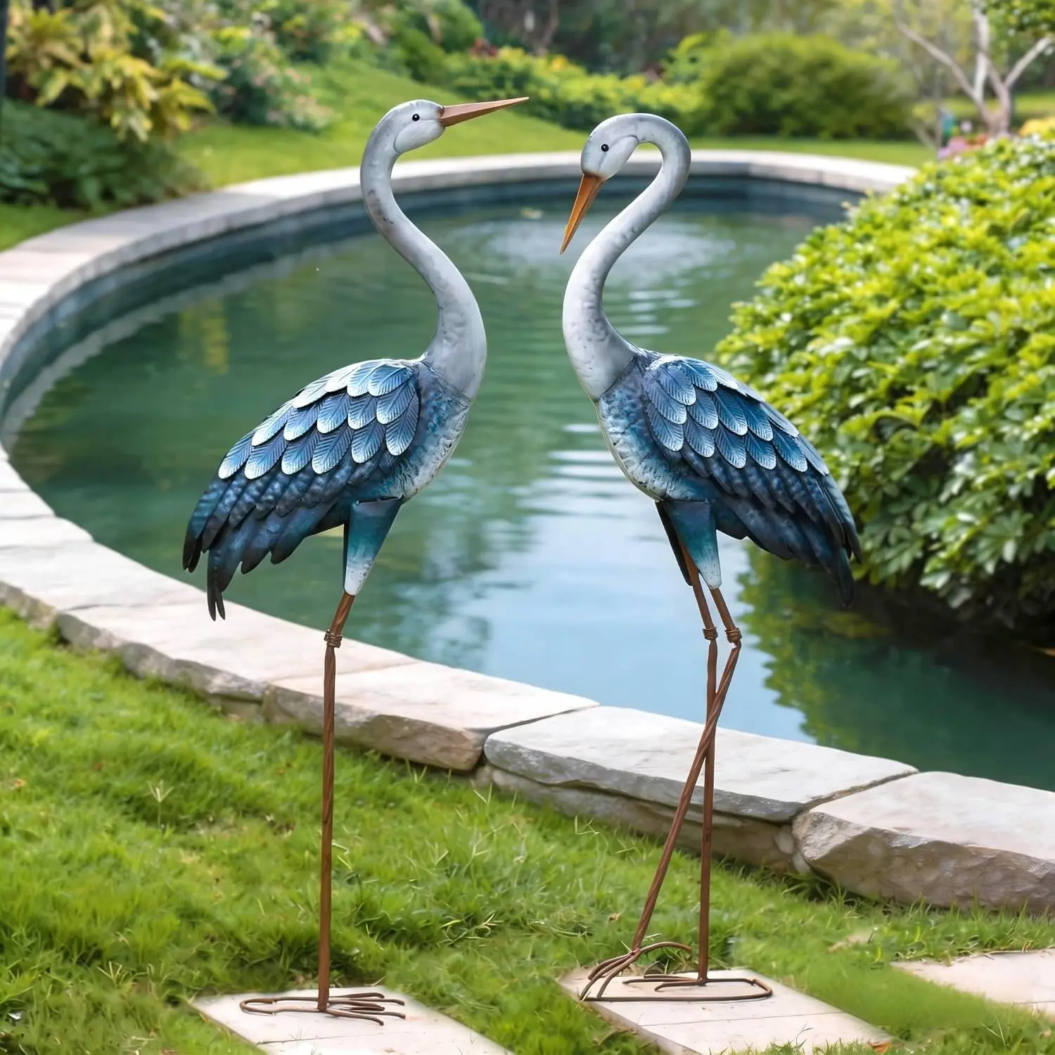47-48 Inch Blue Metal Crane Statue Waterproof Rustproof Heron Sculpture Decorative Bird Yard Art for Pond Lawn Outdoor Garden Landscape Ornament
