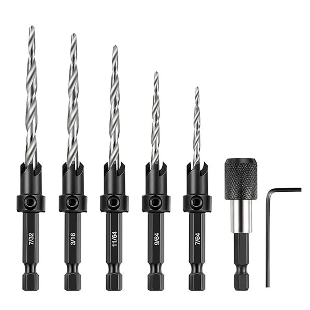 5pcs Counter Sink Drill Bit Woodworking Tapered Drill Bits Hex Shank Cone Drill Bit Carpentry Drilling Tool Extension Rod