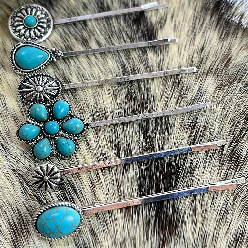 Hairpin Retro Turquoise Fork Stick Alloy Flower Women Headdress Womens Accessories Flower Clips Bobby Pin Silver Barrette