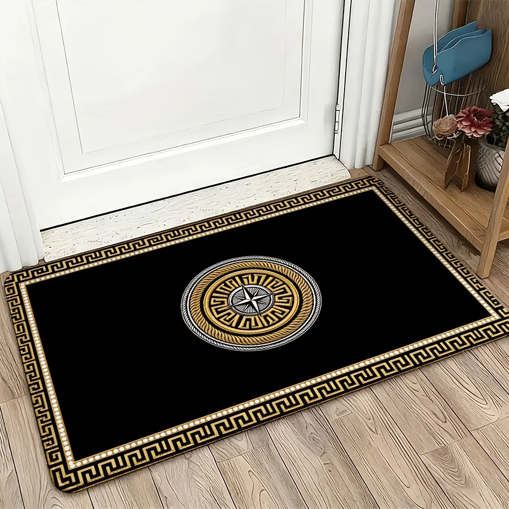 Luxury Greek Key Geometric Black Doormat Entryway Mat Classical Mediterranean Hallway Rug for Home Decoration