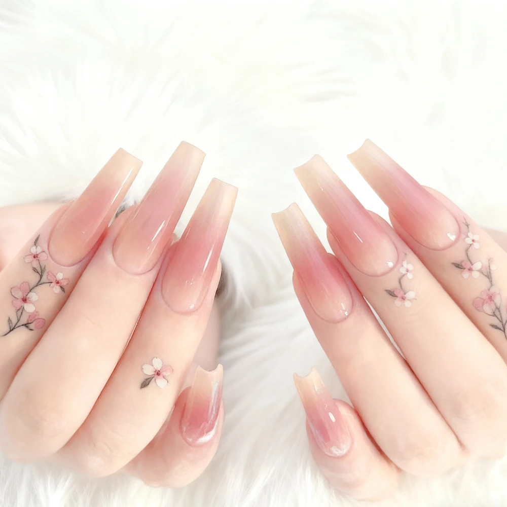 그라데이션 피치 아크릴 가짜 손톱 접착제 포함 긴 발레리나 관 모양 프레스온 네일 여성용 도매 DIY 매니큐어 도구