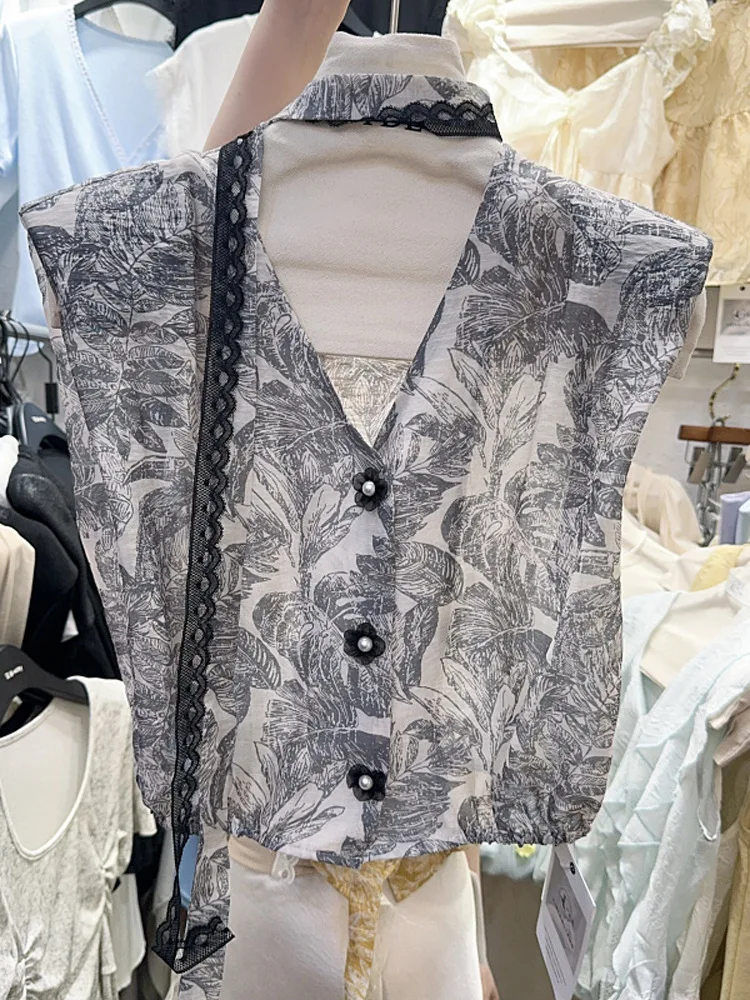 

Flower Nail Bead Sleeveless Shirt 2025 Summer Korean High Waist Short Style Waist Strap Printed V-neck Top Shirts