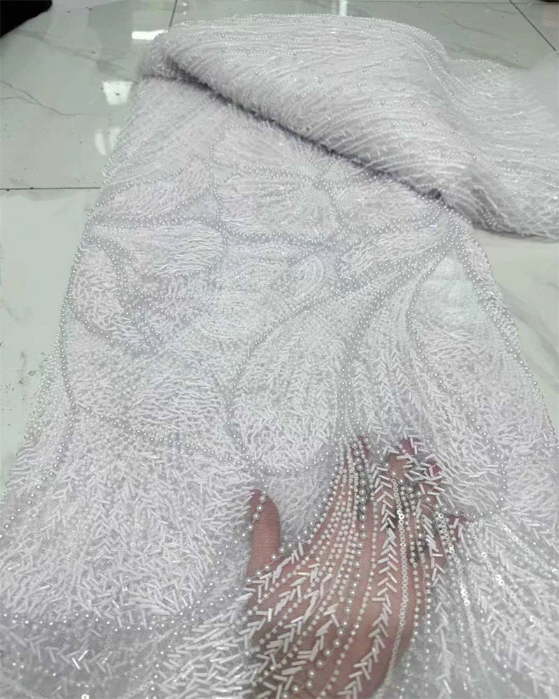 

Африканская кружевная ткань с блестками и жемчугом, 2026, высокое качество, французский тяжелый тюль с бисером, кружевная ткань, Нигерия для свадебного платья