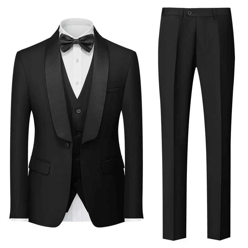 ( Jacket + Pants + Vest ) Men Pure Color Formal Suit 3 Piece Black / Red / Blue Male Business Social Wedding Banquet Tuxedo Set