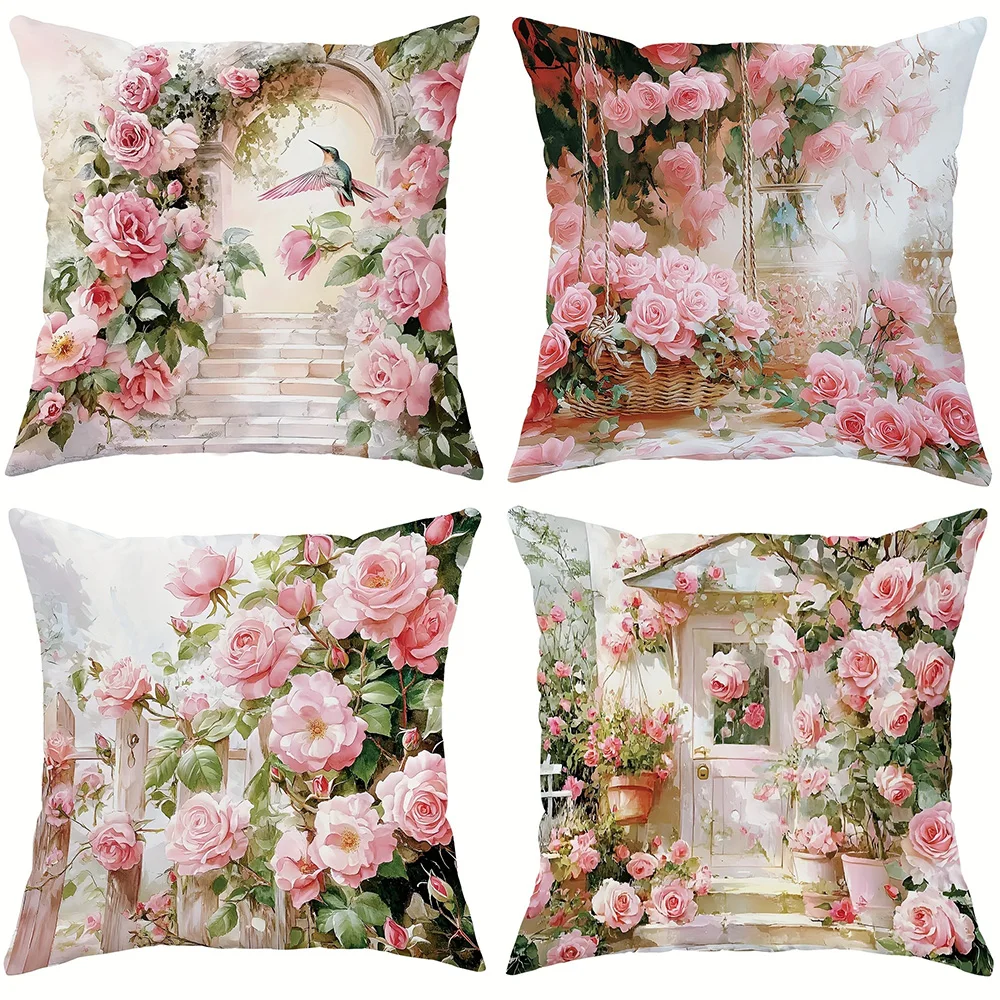 

Floral-Printed Pink Rose Pillowcases: Romantic Garden Scenes Sofa cushion cover home room decoration 2D flat printing