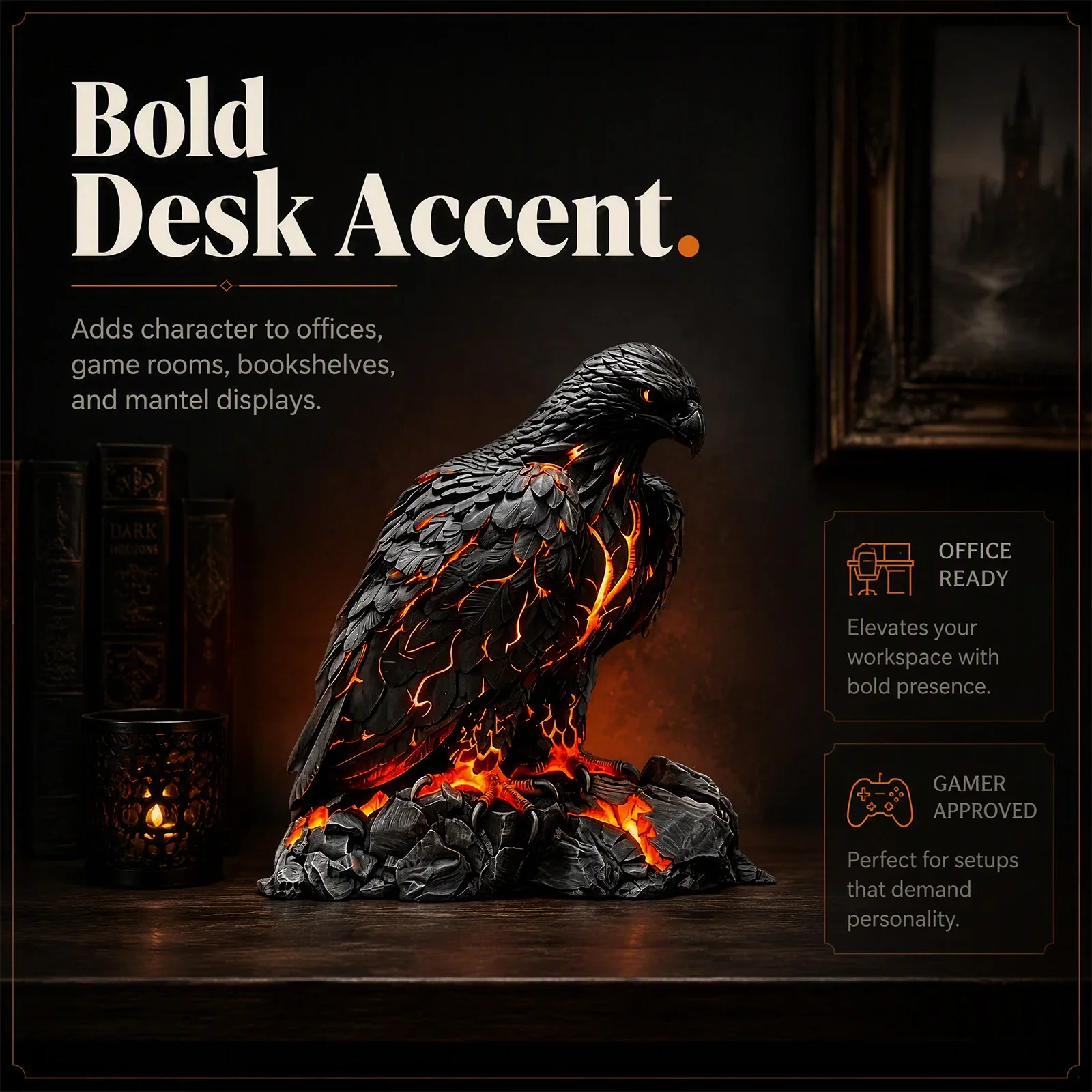 Melting Eagle Lava Crack Resin Art Figurine USB Powered Warm Orange Glow Gothic Gaming Room Desk Decor