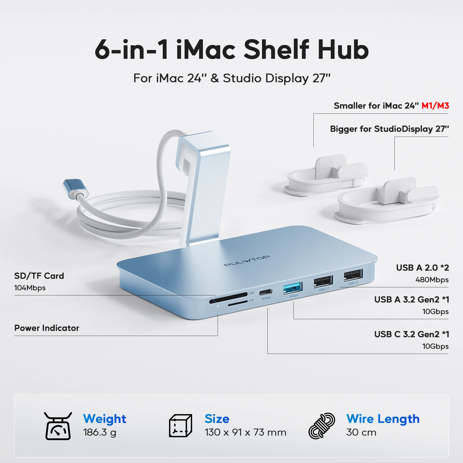 PULWTOP USB C Hub for iMac with USB A/C 10Gbps, Hub for M1/M3/M4, 2 USBA 2.0, SD/TF for iMac 24 inch & Studio Display