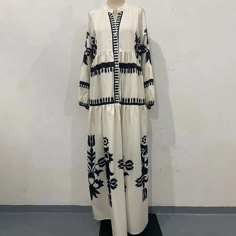 Frühling Dame Maxi kleid Vintage V-Ausschnitt lange Ärmel knöchel langes Kleid Patchwork einreihige A-Linie Freizeit kleid für den Urlaub