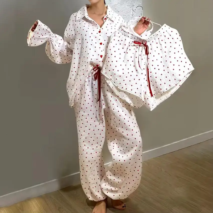 Three Piece Pajama Sets Long Pants Shorts Top Suits Print Dot Drawstring Pant Button Full Sleeve Cardigan Casual Sleepwear