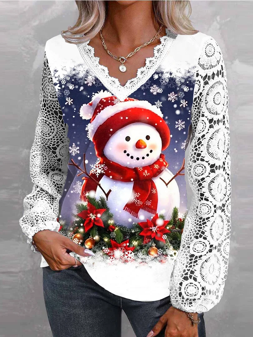 Plus Size Frauen Langarm V-Ausschnitt Schneemann gedruckt Grafik Spitze Weihnachten Tops