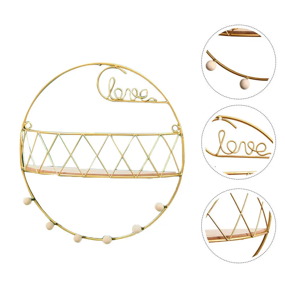 1Pcs Wooden Iron Wall-Mounted Basket Storage Shelf Creative Gold Finish Strong Bearing Capacity Easy Install Sundries Stand Wall