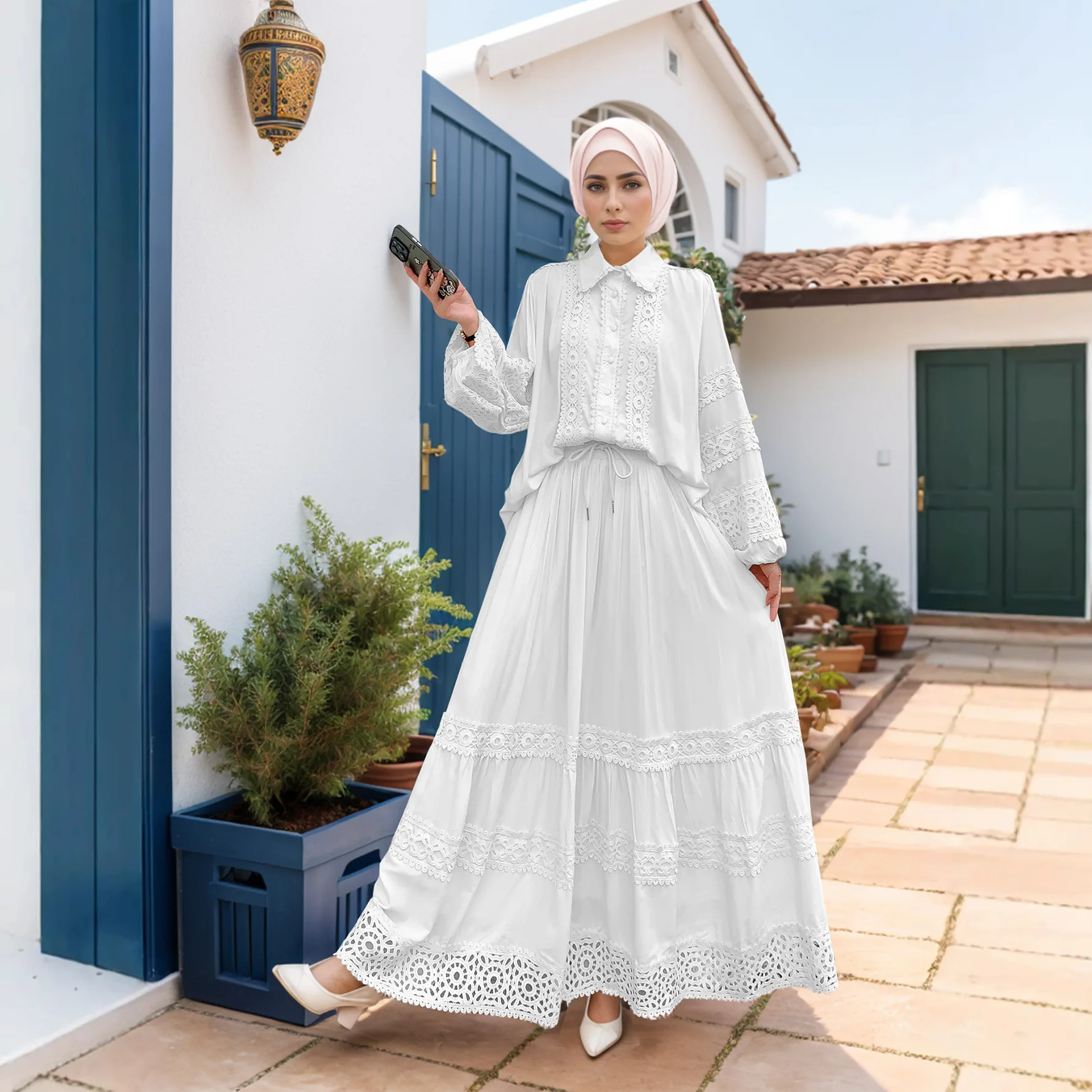 Ramadan Morocco Lslamic Middle East Arab Muslim Women's Hollow Lace Patchwork Bubble Sleeve Top+Large Swing Skirt Two Piece Set