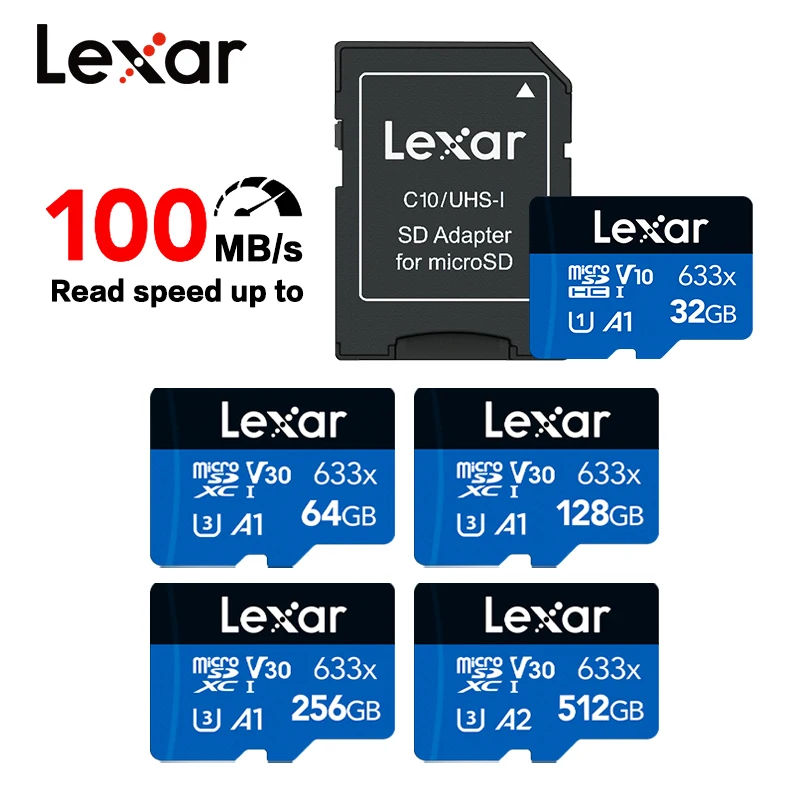 بطاقة ذاكرة Lexar 633x Micro SD 32GB 64GB 128GB بطاقة ذاكرة 512GB 256GB حتى 100 ميجابايت/ثانية قراءة A2/A1 microSDHC/microSDXC TF بطاقة للهاتف