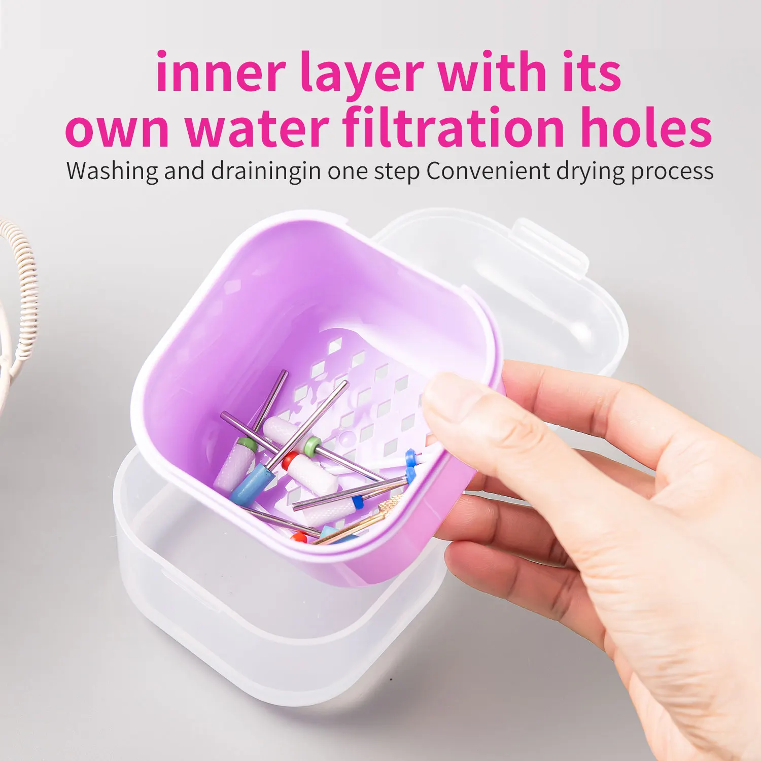Forets à ongles de filtrage carrés à Double couche, boîte de désinfection de trempage, mallette de rangement d'outils pour ongles, conteneur de nettoyage de brosse de manucure