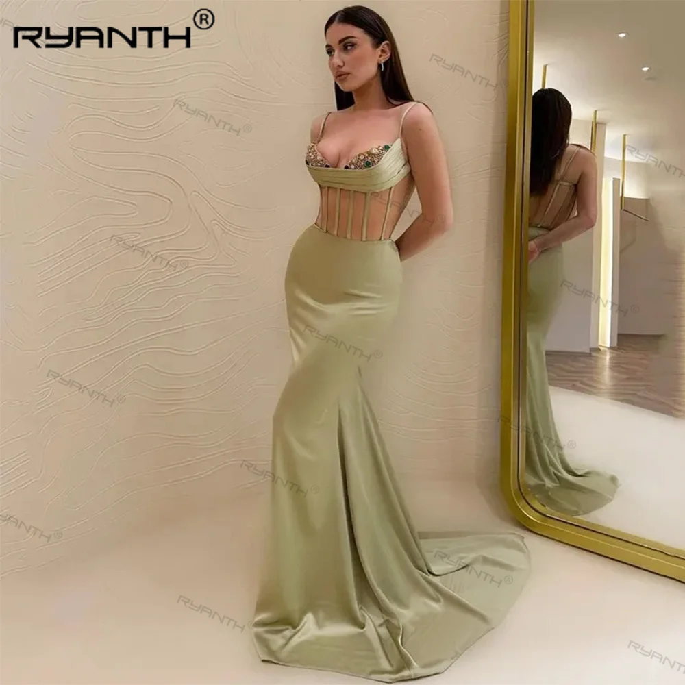 2024 Charming Light Green Sweetheart Mermaid Prom Party Dress Satin Spaghetti Strap Open Back Evening Dresses Vestidos de noche