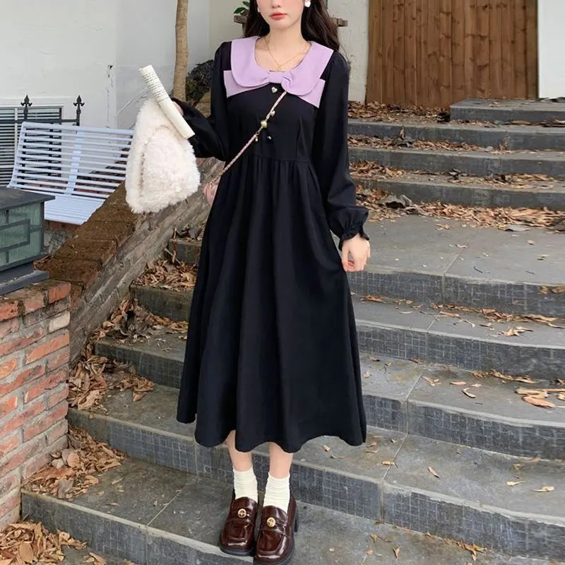 

Korean Doll Collar Midi Dress Women's Clothing Contrasting Colors Spring Autumn Sweet Bow Patchwork Chic Button A-Line Dresses