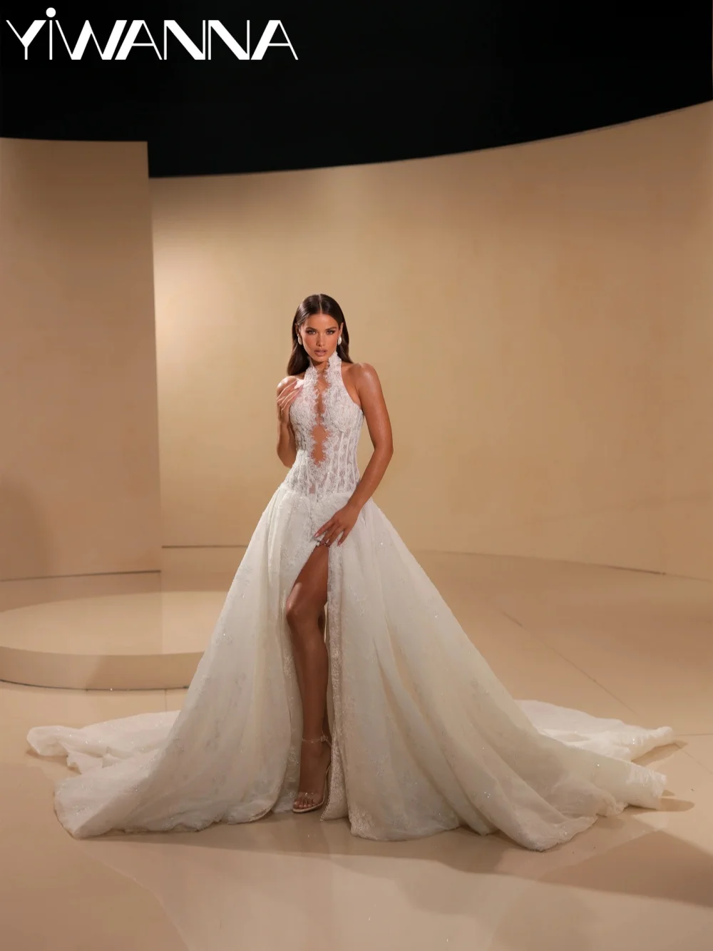 Glimmering Lace Beaded Wedding Dress Sexy Halter High Slit Bridal Gown Customized Opulent A-line Floor-length Dresses For Bride