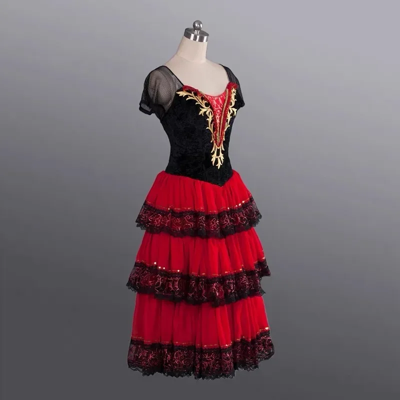 Professionelle Ballettaufführung für Erwachsene, deutscher roter schwarzer spanischer langer Rock mit mehreren Schichten großer Swing-Langrock