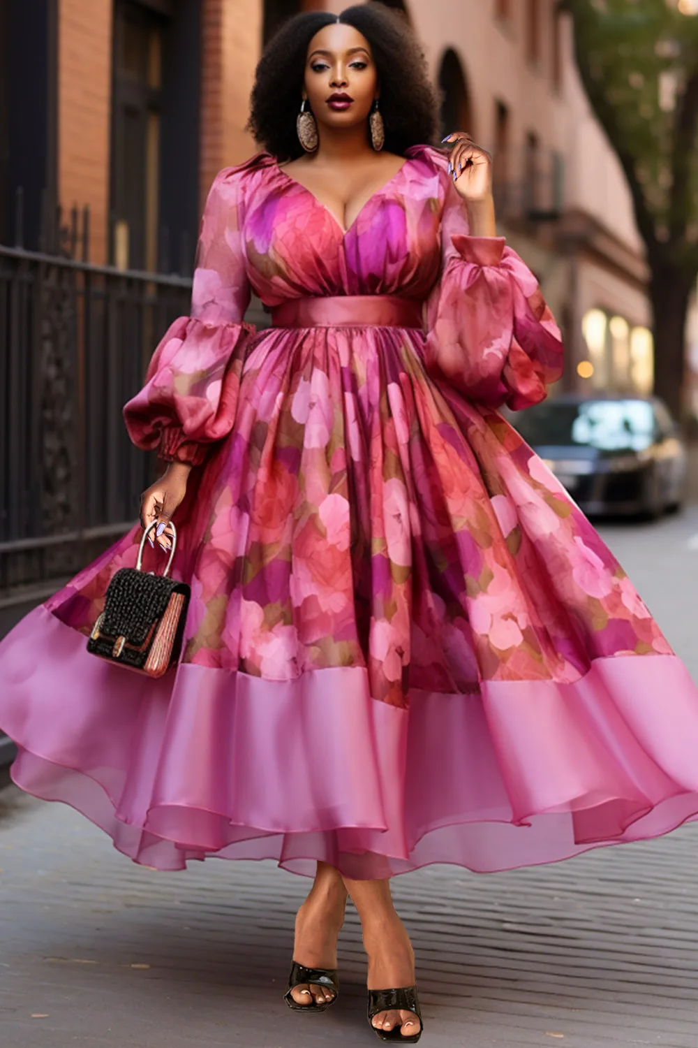

Plus Size Formal Pink V Neck Puff Sleeve Long Sleeve Midi Dresses