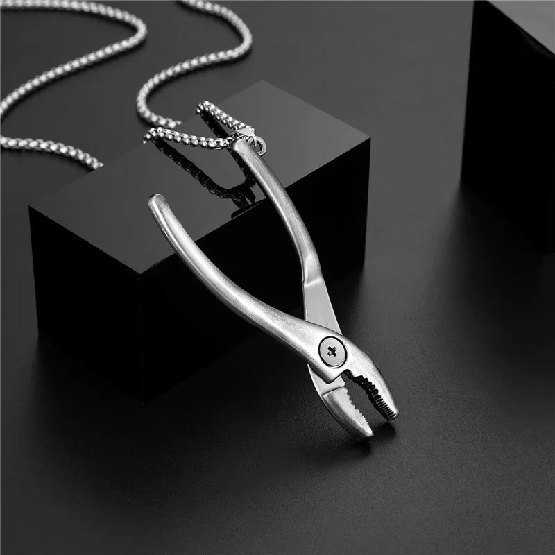 MKENDN Locomotive Men Punk Rock Pliers Vernier caliper Tool Pendant Necklace Stainless Steel Chain Men Hip Hop Jewelry Gifts