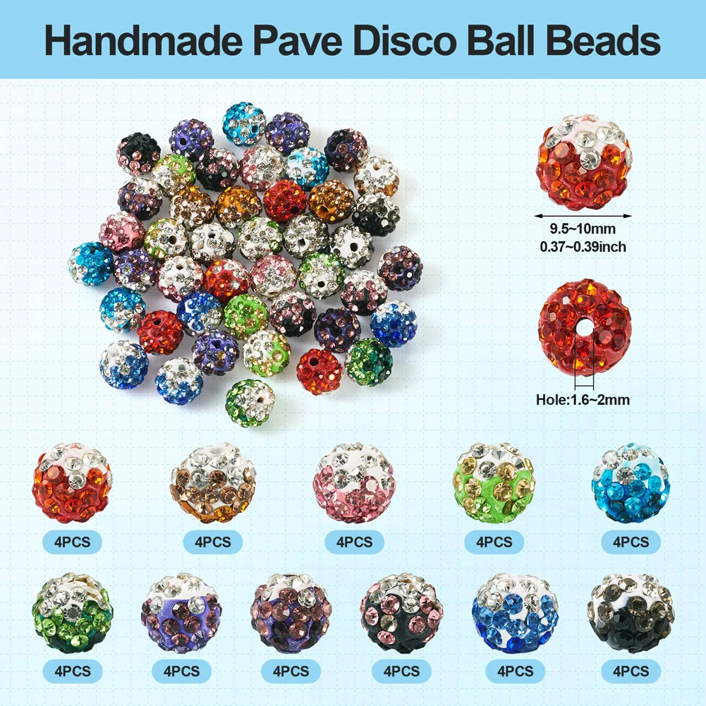 44Pcs/Set 9-10mm Rhinestone Crystal Clay Beads Round Pave Disco Ball Beads For Jewelry Making Diy Bracelets Necklaces Crafts