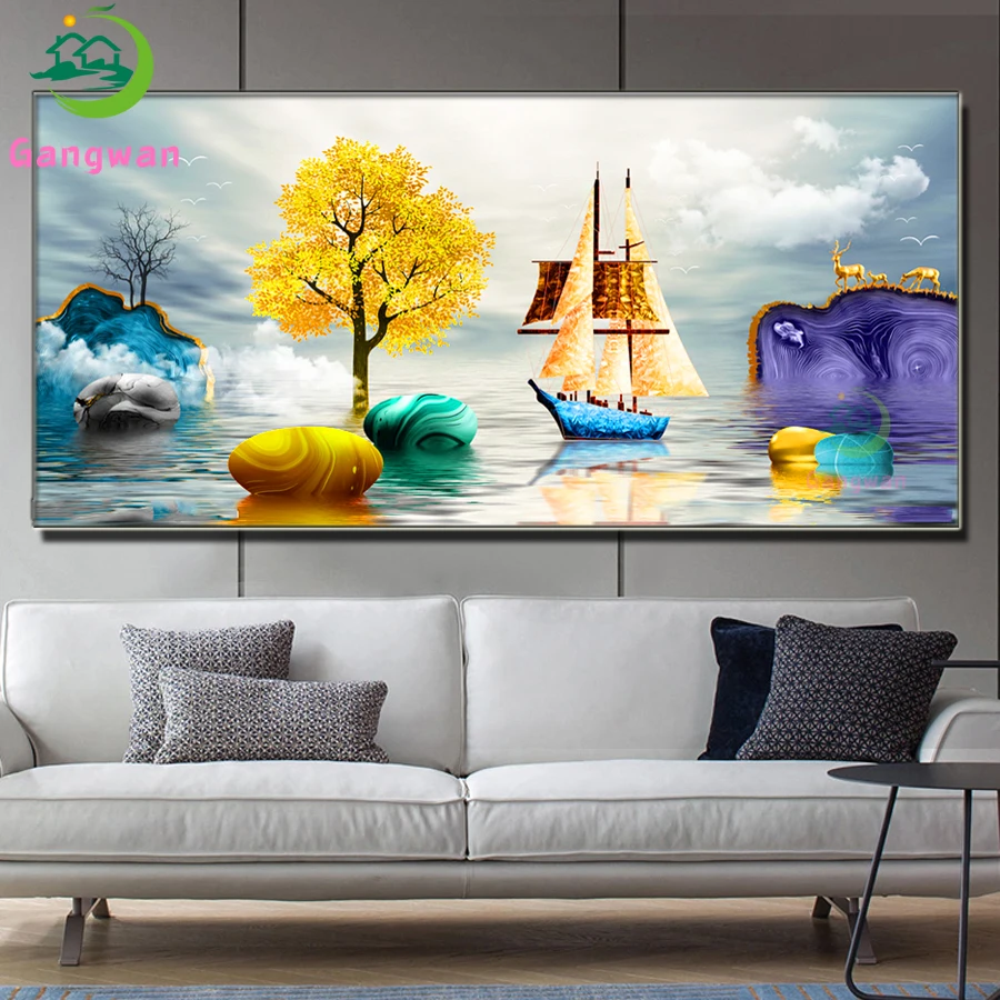 Resin Art Tree - Deer sailing boat scenery Diamond Painting