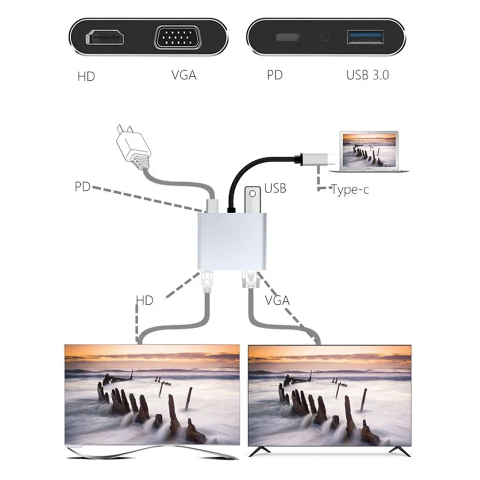 محول محور لأجهزة MacBook Pro Air ، 4K ، متوافق من النوع C إلى HD ، VGA ، USB ، whai Matebook P30 ، P20 ، Lenovo ، جهاز كمبيوتر محمول من شاومي