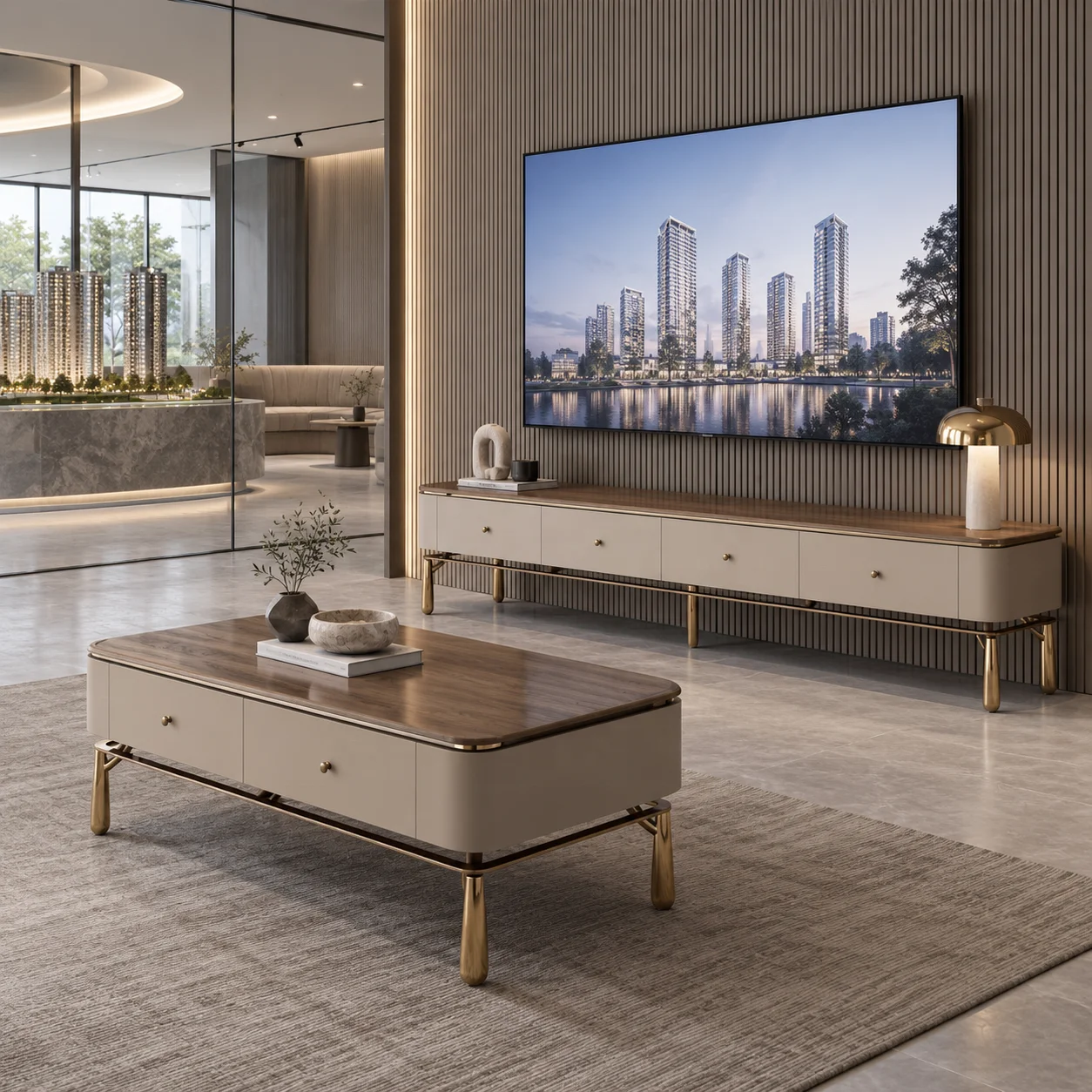 Hotel suite 2-piece TV cabinet coffee table set with drawer storage, round wood grain table top and gold metal legs