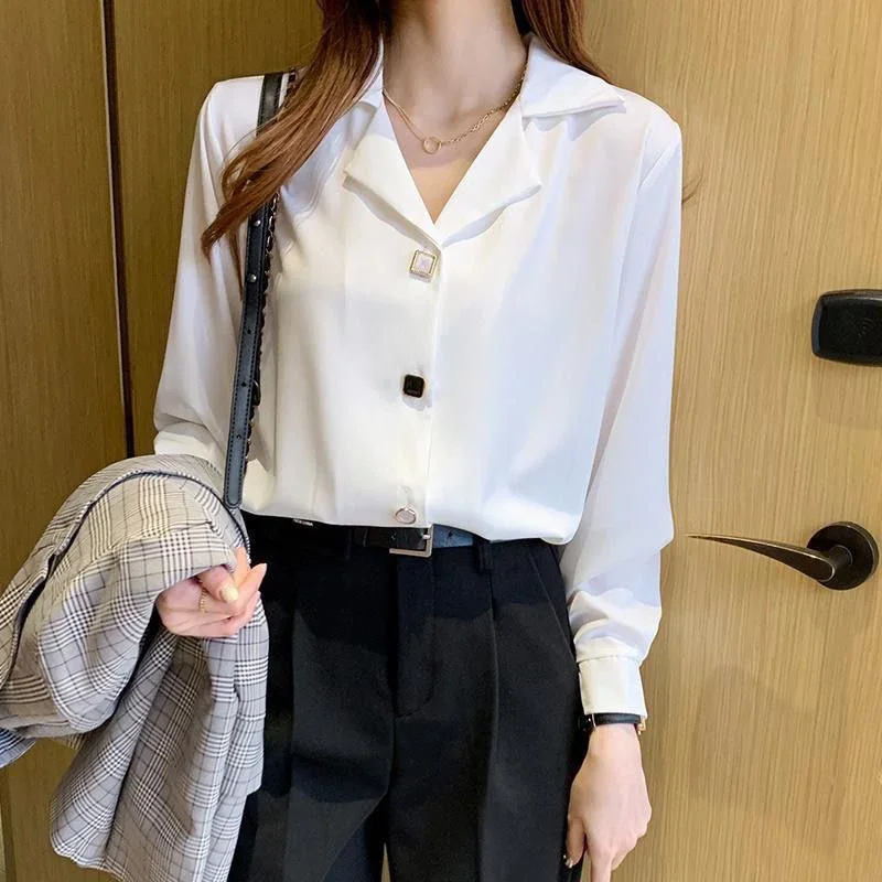 Spring Autumn Elegant Women Shirts 2024 Solid V Neck Buttons Chiffon Blouse Loose Casual Korean Trendy Black Straight Mujer Tops