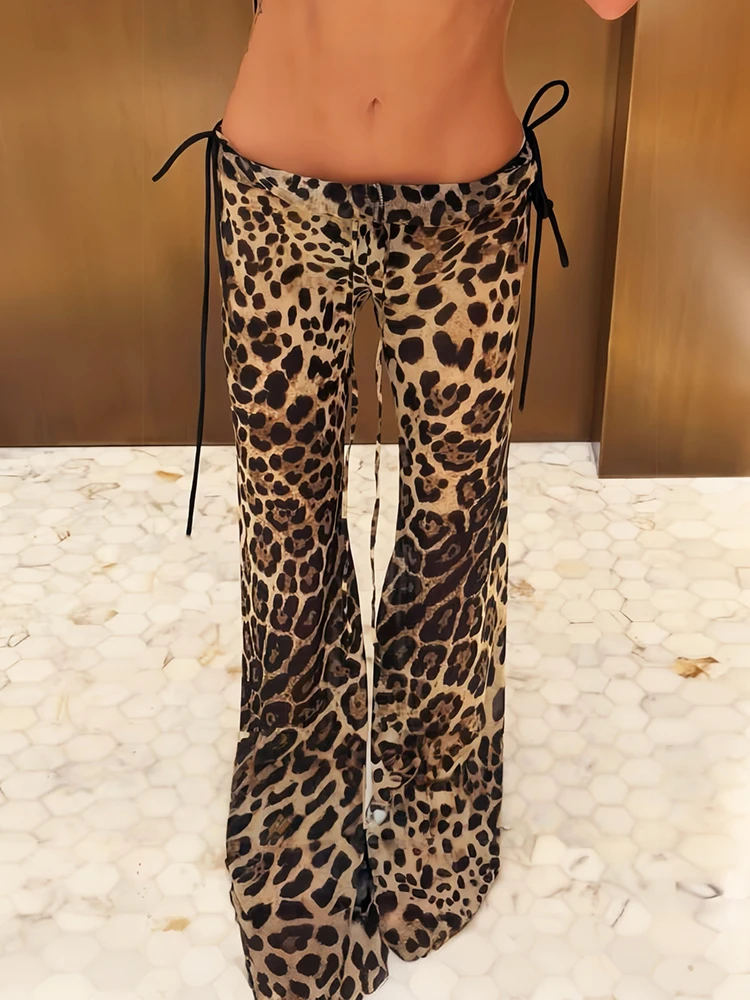 Sisterlinda Fashion Flared Pant Women Bandage Tassel Leopard Print Low-Waist Leisure Music Festival Hottie Sexy Streetwear
