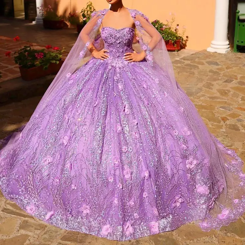 فستان Quinceanera المكسيكي الأرجواني الفاخر ثوب حفلة 2025 مع كيب الأميرة حفلة موسيقية حلوة 16 فستان Vestidos De XV عيد ميلاد المسابقة