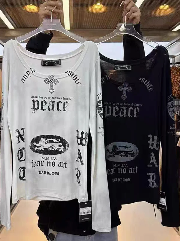 

Retro American Dyed Letter Print Long Sve T-irt Women's Slimming Top Casual Sle Cotton round Ne Pullover Sweatirt