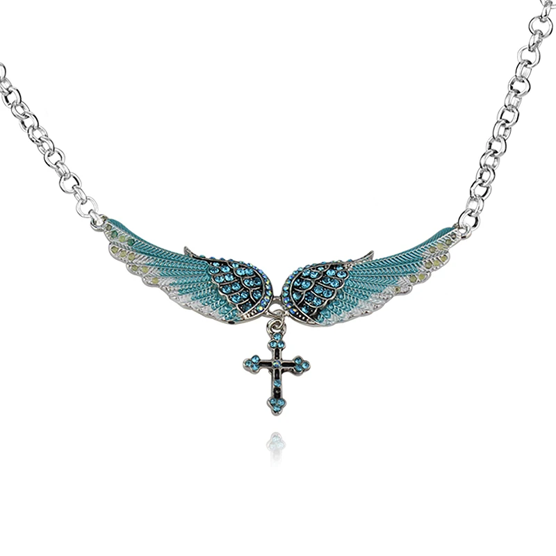 Fashion Colors Charm Crystal Angel Wings Cross Pendant Necklace Shellhard Vintage Jewelry For Women Special Birthday Gift