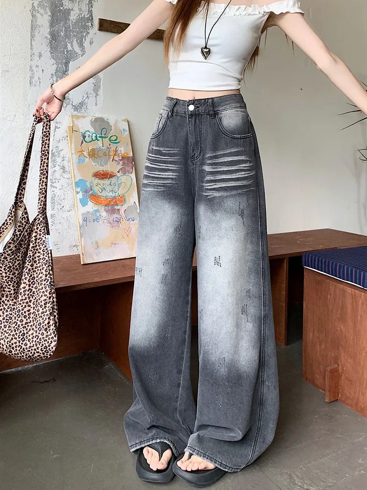 

Женские летние джинсы прямого кроя в американском стиле с высокой талией, свободные и универсальные широкие брюки