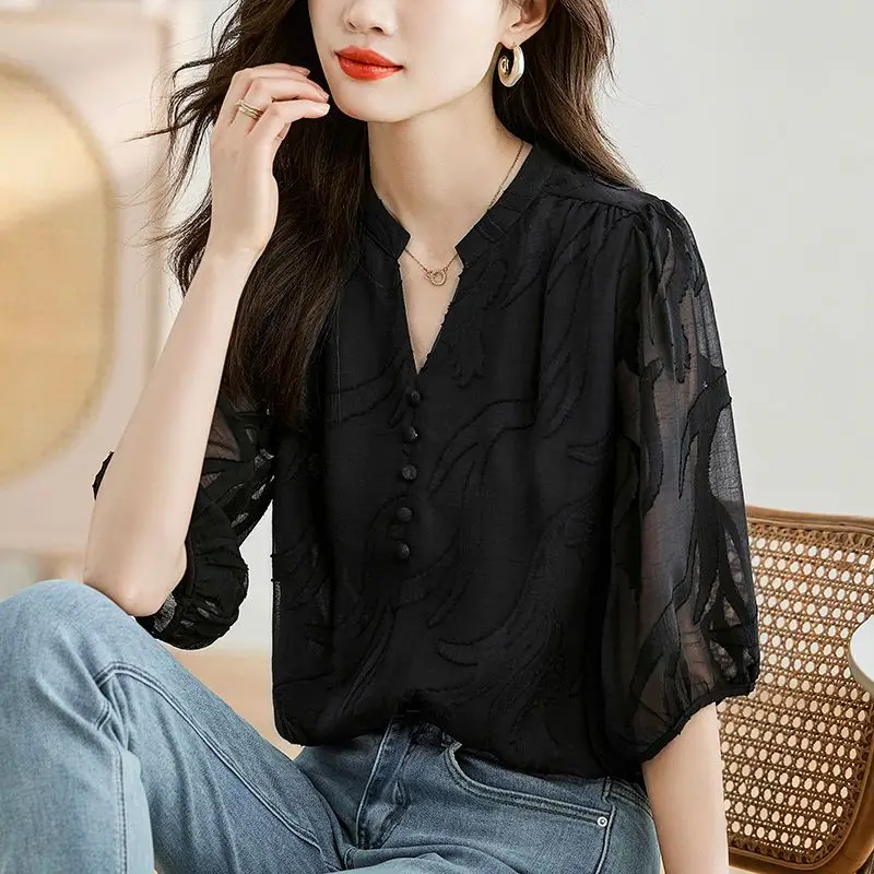 V-Neck Half Sleeve Solid Color Button Pullover Chiffon Women\'s Summer T-shirt Elegant Clothing Office Lady Distressed Tops