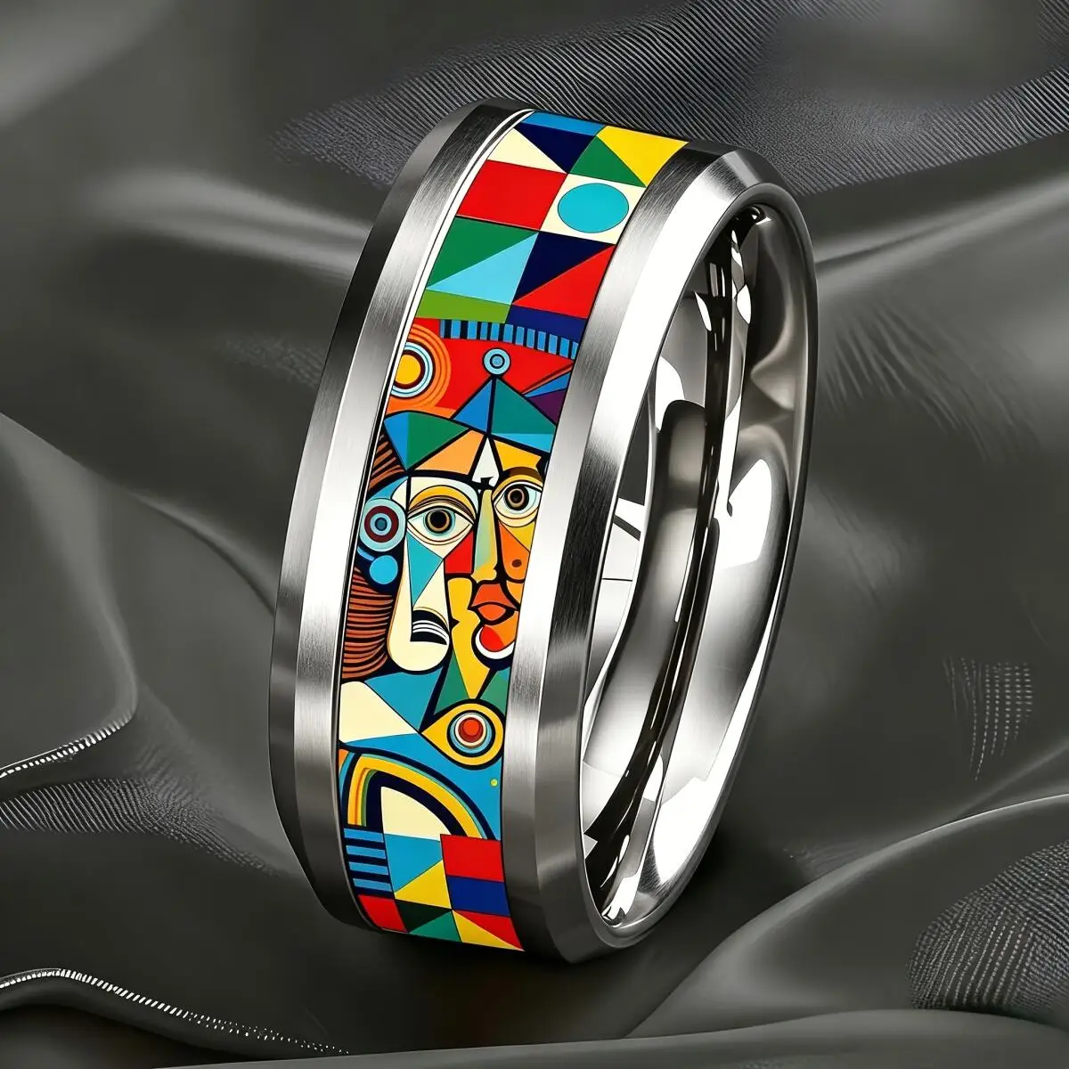Vintage Cubism Style Colorful Geometric Abstract Face Pattern Stainless Steel Rings For Men Women Wedding Jewelry Gift for Him