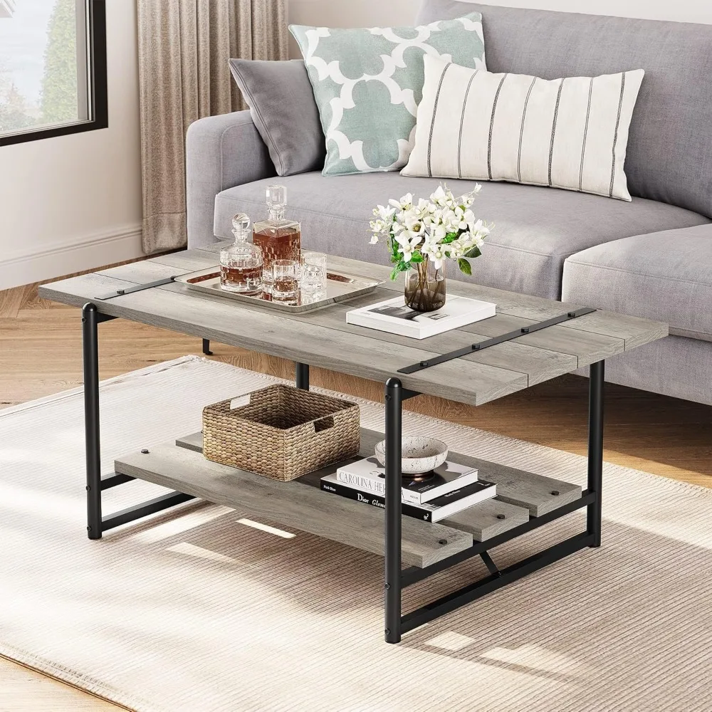 

2-Tier Farmhouse 41'' Large Gray Wood Coffee Table with Storage Shelf -Modern Rustic Metal Rectangle Center Living Room Coffee T