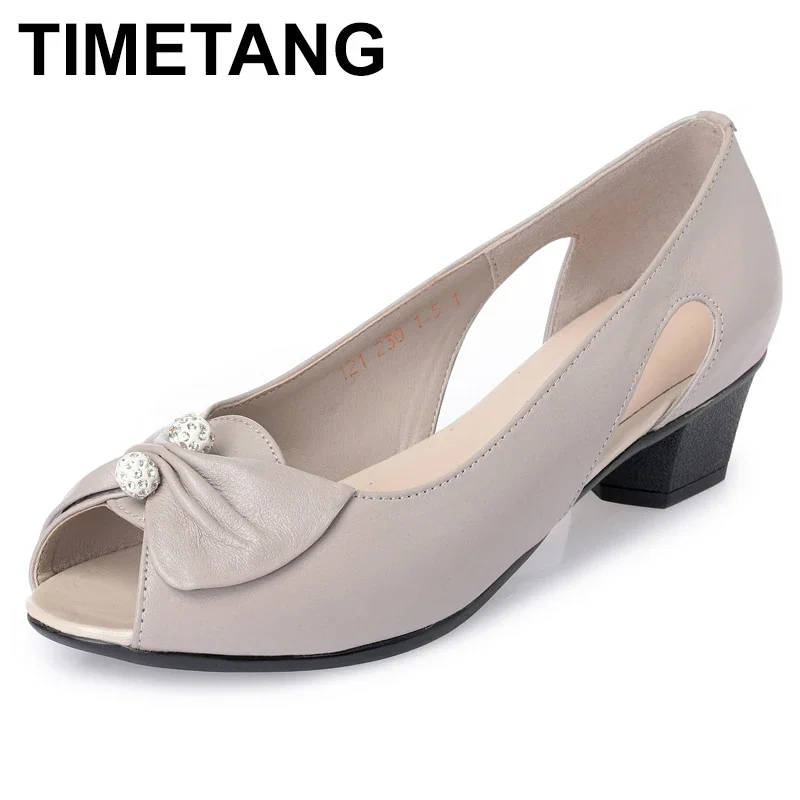 

TIMETANG Summer Genuine Leather Casual Sandals Women Shoes Sandalia Feminina Med Heels Comfort Sandals Plus Size 35-43