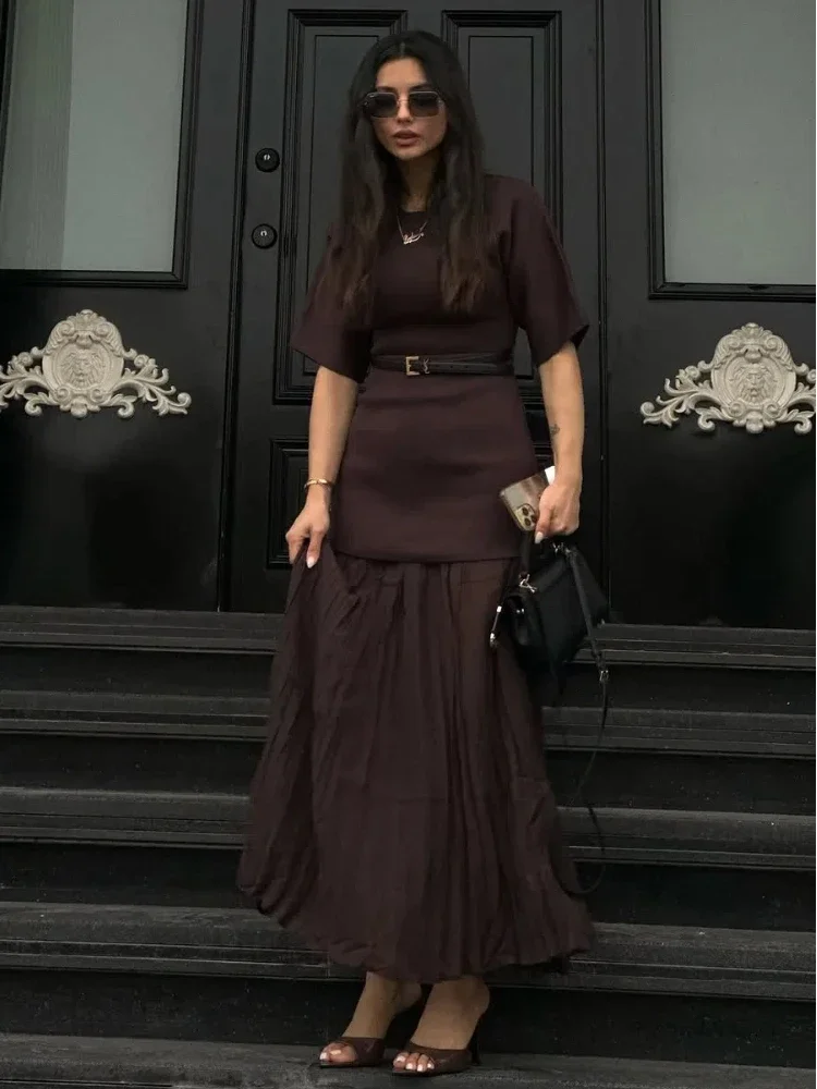 

2025 New Woman Pleated Gauze Patchwork Midi Dress Elegant O Neck Short Sleeved Wrapped Waist Dresses Lady Office Vestido